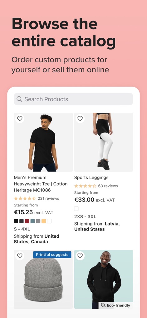 Printful App - The app allows users to explore an extensive product catalog, featuring diverse items and transparent pricing details for each listing.