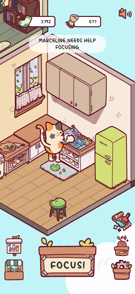 Focus Friend, by Hank Green - 사용자는 마르셀린 고양이 친구가 설거지를 하는 모습을 보며 집중을 돕고, 상단에 보이는 '양말'과 '연' 아이템을 보상으로 얻을 수 있습니다.