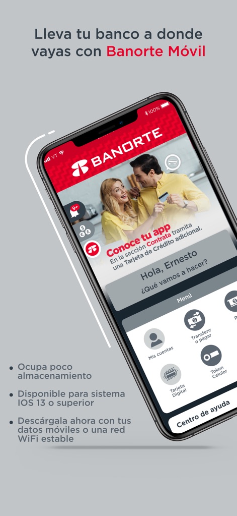 Banorte Movil - La aplicación presenta un intuitivo menú principal con opciones clave como 'Mis Cuentas' y 'Transferir o pagar', destacando a su vez las especificaciones de descarga y la compatibilidad con dispositivos iOS 13 o superior.