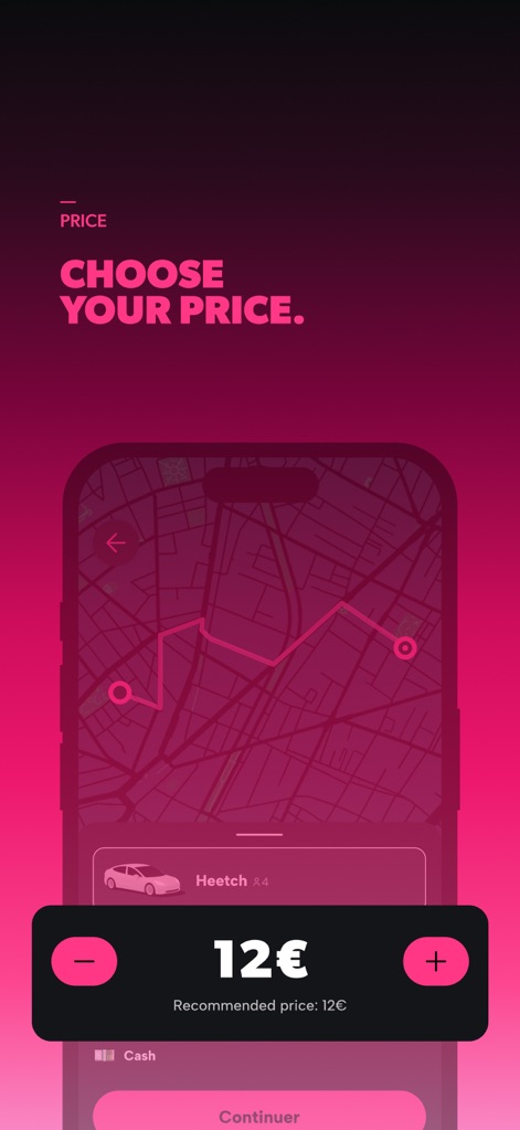 Heetch - Ride-Hailing App 24/7 - The app provides granular control over ride costs, allowing users to adjust their price dynamically and choose their preferred payment method, including cash.