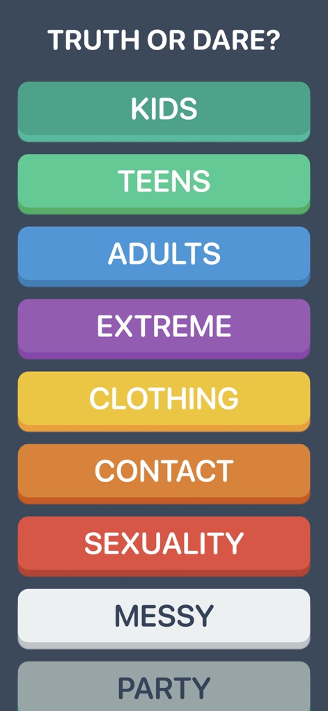 Truth or Dare? - Esta captura muestra la vasta selección de modos de juego, con una lista de botones con colores vibrantes que clasifican el contenido, desde 'KIDS' hasta 'EXTREME', para adaptarse a cualquier grupo de edad o preferencia.