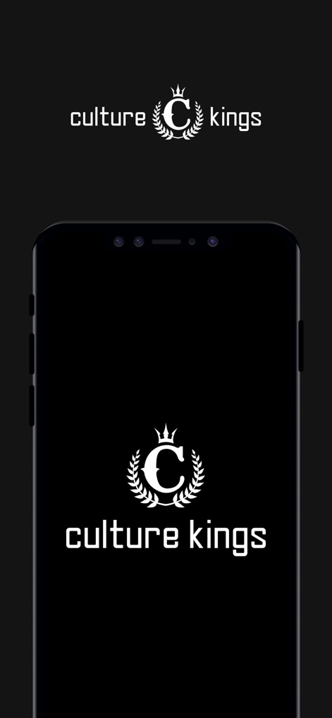 Culture Kings - L'application affiche le logo couronné de Culture Kings sur un fond noir minimaliste, une introduction stylisée qui reflète l'esthétique premium de la marque.