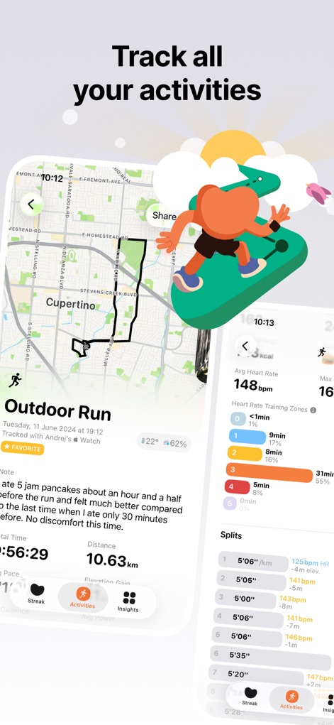 Gentler Streak Workout Tracker - This tool provides an "Ultimate Workout Journal" with detailed maps of activities like "Outdoor Run" and a thorough "Heart Rate Zones" breakdown for comprehensive analysis.