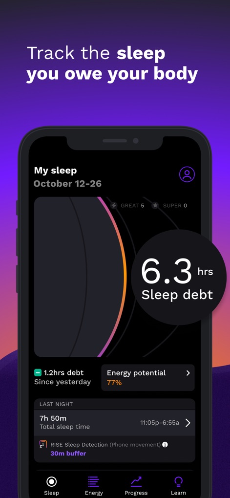 RISE: Sleep Tracker - Understand the sleep deficit with the clear '6.3 hrs Sleep debt' indicator and assess 'Energy potential' for the day.