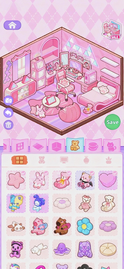 Pocket Life: Decor Happy Room - Design themed rooms with functional elements like a complete gaming setup and decorative accents including various charming plush toys.