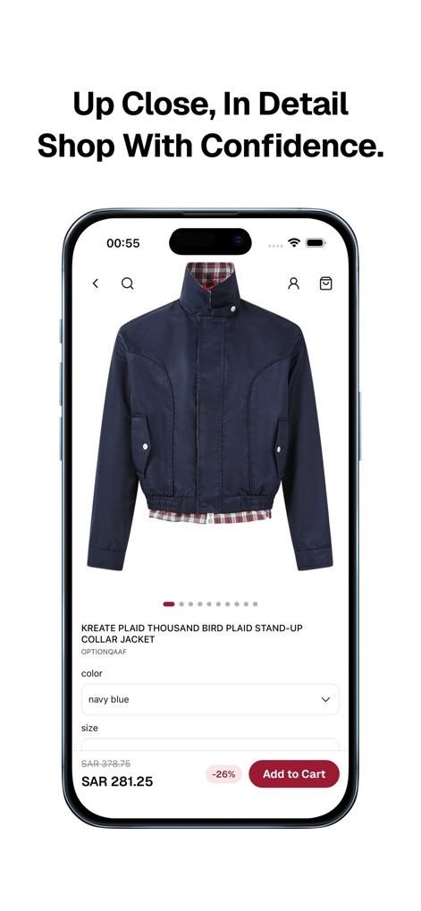 OptionQaaf - L'app offre una visualizzazione dettagliata del prodotto, consentendo agli utenti di scegliere il "color" e la "size" desiderati prima dell'acquisto con una chiara indicazione del prezzo scontato.