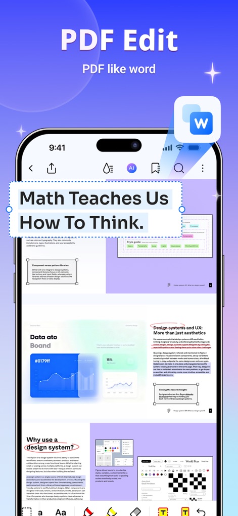 PDFelement: PDF Editor, Viewer - ユーザーは、Wordのように直感的な操作でPDF内のテキストを直接「編集」できることと、「フォントサイズ」や行間などの詳細な書式設定が可能な点を視覚的に確認できます。