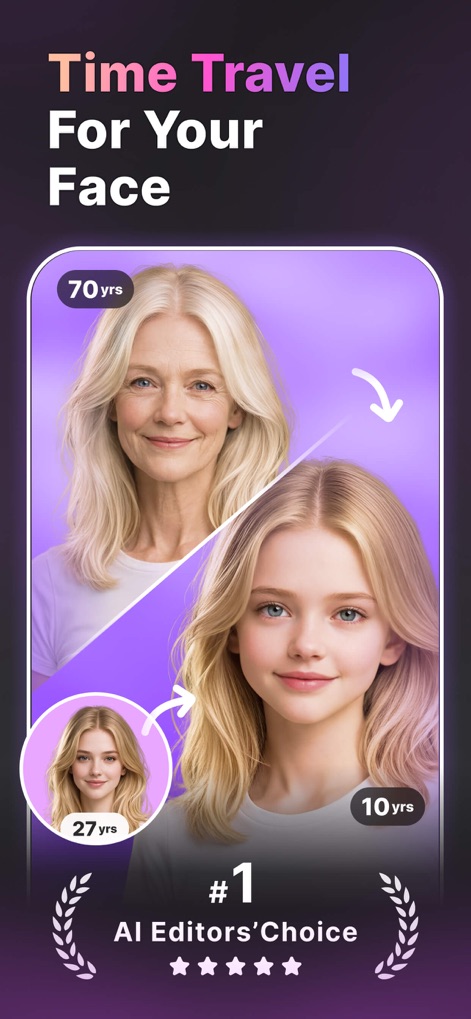 LoopArt - 3D Photo & Morph - Los usuarios pueden revertir su edad con un solo toque, transformando drásticamente el rostro de X (70 años) a Y (10 años) mediante efectos de IA avanzados.