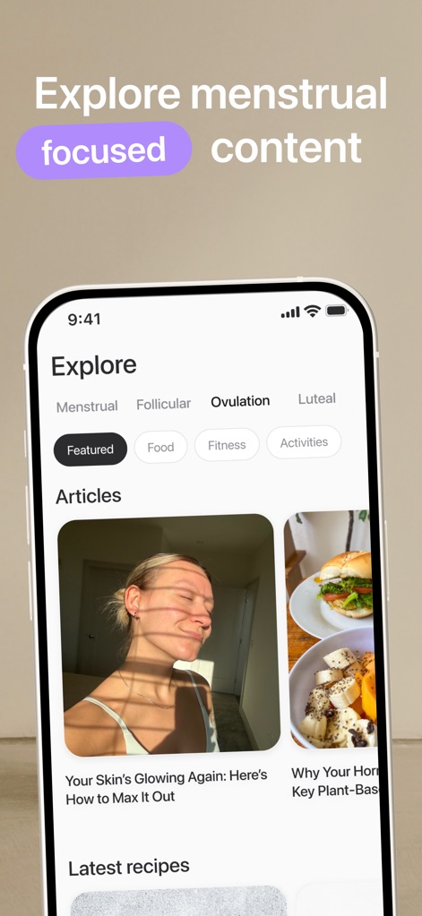 Harmony: Cycle Syncing, Period - The 'Explore' section features engaging articles, such as 'Your Skin's Glowing Again' and plant-based recipes, all categorized by menstrual cycle phase for relevant content discovery.