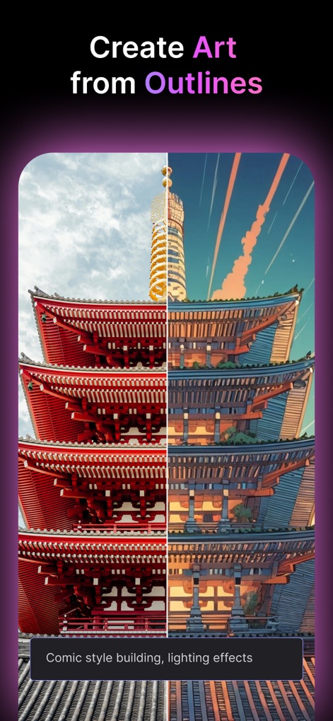 MyEdit: AI Photo Generator - Esta funcionalidade permite criar arte detalhada a partir de contornos ou estruturas, como a conversão de uma fotografia de uma edificação japonesa em uma impressionante ilustração estilo HQ com efeitos de luz.