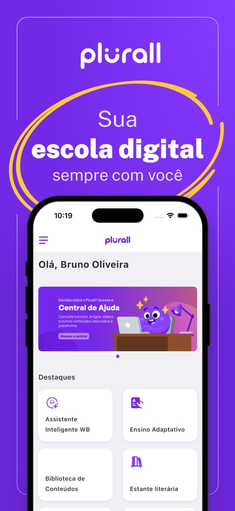 Plurall - SOMOS Educação - Discover how the app provides a personalized welcome screen for each user and prominent access to the 'Central de Ajuda' (Help Center) for support.