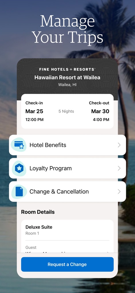 Amex Travel - This tool provides a detailed view of upcoming reservations, featuring clear check-in/check-out dates and convenient options to view "Hotel Benefits" or "Request a Change".
