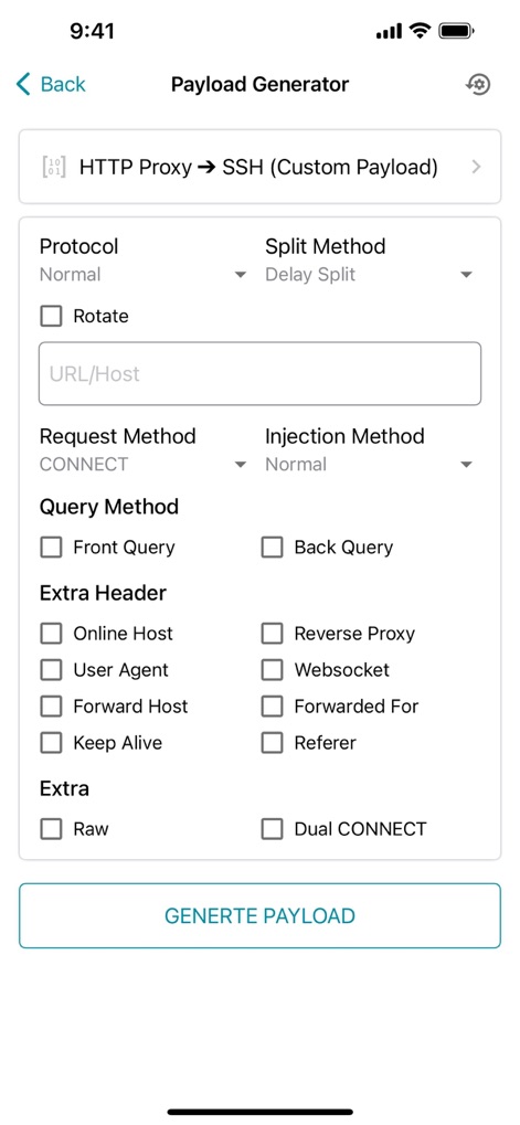 HTTP Injector - L'application inclut un générateur de payload pour HTTP Proxy vers SSH, offrant une multitude d'options de personnalisation, de la méthode d'injection aux en-têtes supplémentaires.
