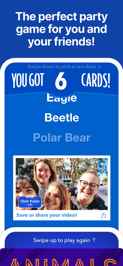 Heads Up! - Dieses Layout zeigt die klare Anzeige des Spielfortschritts mit der Anzahl der erratenen Karten sowie die praktische Funktion, aufgezeichnete Spielvideos zu speichern oder mit Freunden zu teilen, was durch das Video-Thumbnail und die 'Save or share' Option hervorgehoben wird.