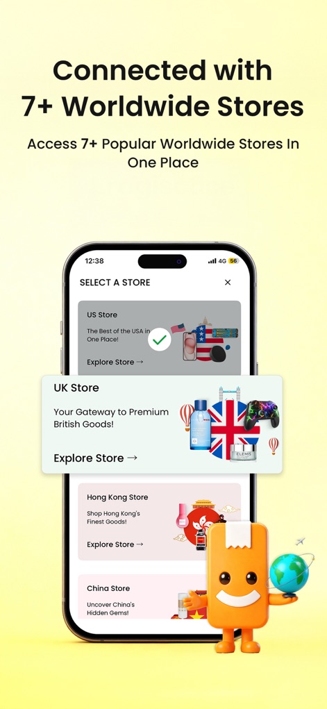 Ubuy: International Shopping - The app connects users with '7+ Worldwide Stores', providing access to specific regional stores like the 'US Store' and 'UK Store' with localized product offerings.