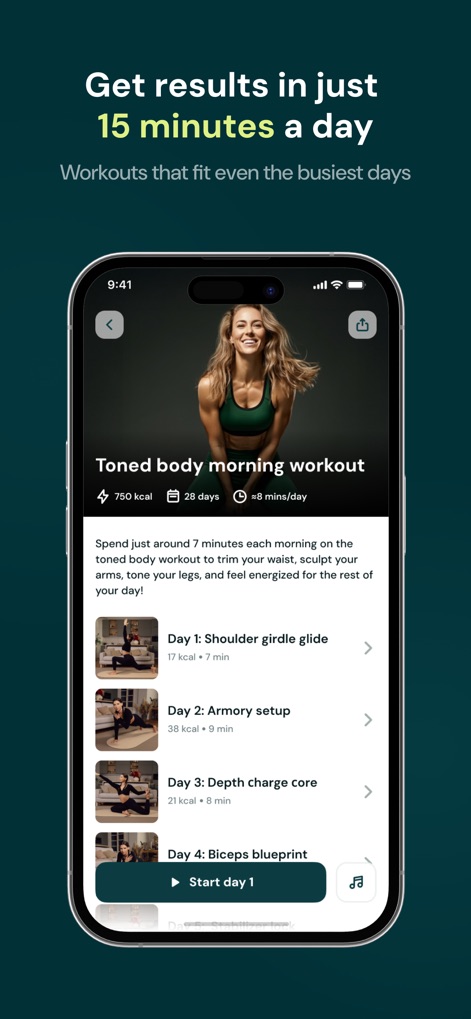 My Personal Challenge - This tool offers structured multi-day programs, exemplified by the "Toned body morning workout," breaking down challenges into manageable daily sessions like "Day 1" with clear durations.