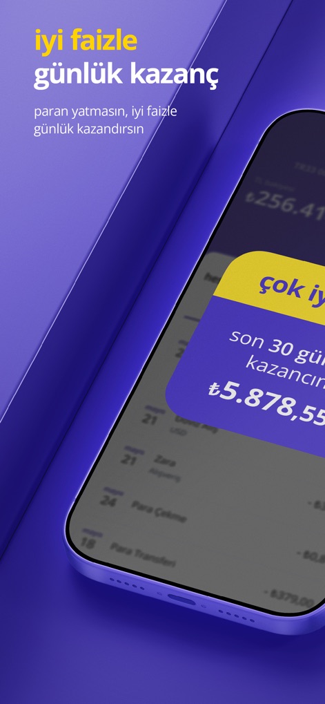 getirfinans - The app showcases high-interest daily earnings and a clear display of accrued profits.