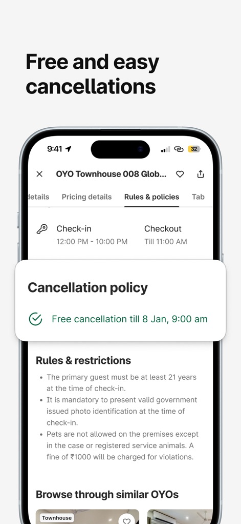 OYO: Hotel Booking App & Deals - 이 앱은 '무료 취소' 마감 시간을 명확히 표시하여 사용자에게 유연성을 제공하며, 숙소 이용 규칙 및 제한 사항을 자세히 설명합니다.