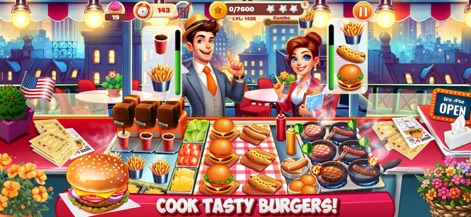 Cooking Mastery: Kitchen Games - La aplicación muestra su interfaz de cocina principal con animados personajes y la preparación de hamburguesas y patatas fritas, destacando el ritmo dinámico del juego.