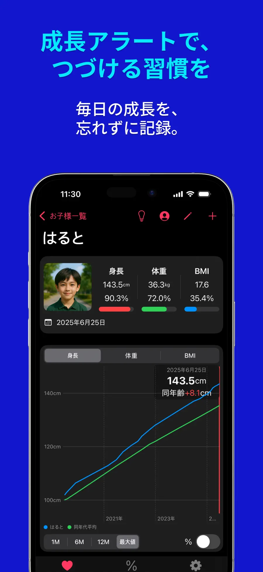子供の成長記録 – 最終身長予測の身長・体重記録と成長曲線を表示したApp Storeスクリーンショット (5/6)