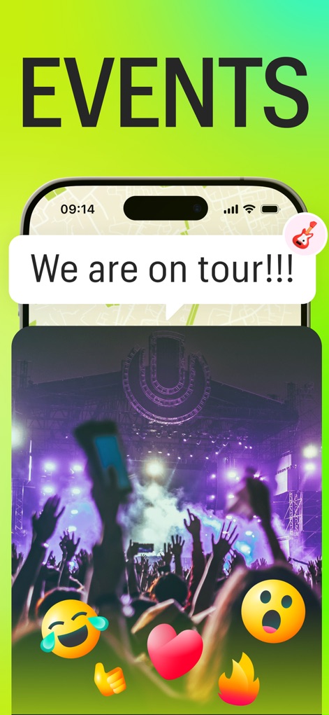 Meera: Messenger, video calls - Witness how Meera facilitates event discovery and interaction, displaying a map-linked event announcement and vibrant user reactions through various emojis.