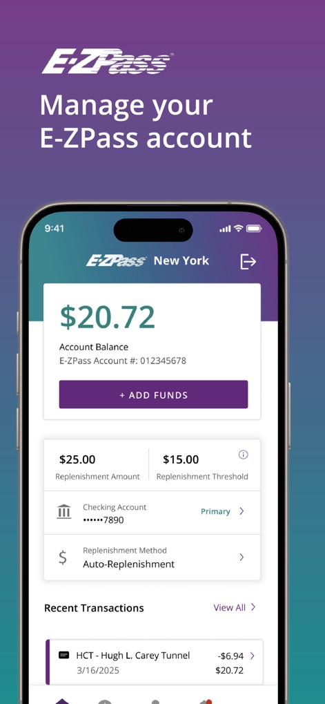 Tolls NY - The app offers an immediate view of the E-ZPass 'Account Balance' and a convenient list of 'Recent Transactions' for complete financial oversight.