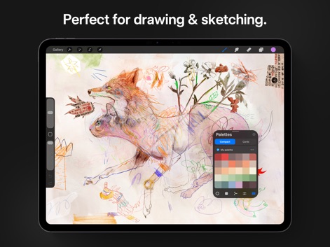 Procreate - Un boceto expresivo de un zorro y un gato se complementa con la ventana de paletas de colores, ofreciendo opciones para organizar y seleccionar tonos específicos.