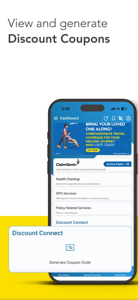 Care Health - Customer App - Users can readily access exclusive savings through the Discount Connect feature and easily Generate Coupon Codes for various wellness offers.