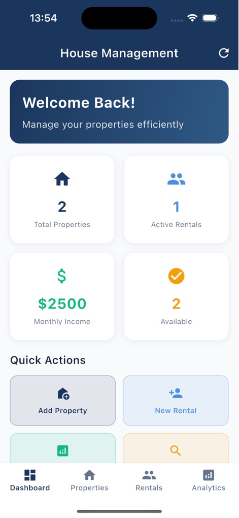 Neat Bill: Room Resources - The app provides a central dashboard showing an overview of total properties and available units, complemented by quick action buttons for common tasks like adding a new property or rental.