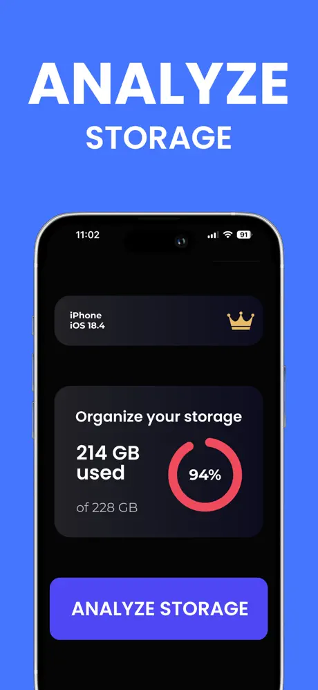 Cleanor for iPhone screenshot showing storage analysis and cleanup overview