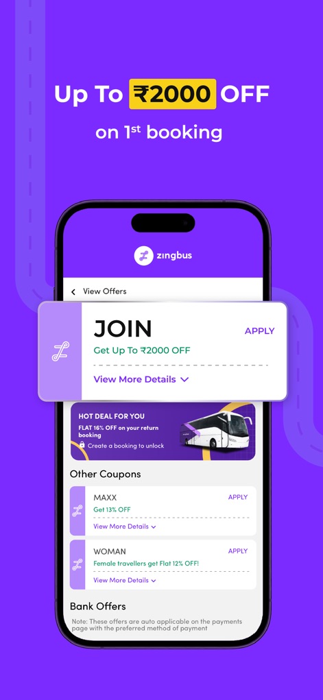 zingbus:Book Bus Ticket Online - Users can explore a range of financial benefits, including 'Up To ₹2000 OFF' on first bookings and specific coupons like the 'WOMAN' discount for female travelers.