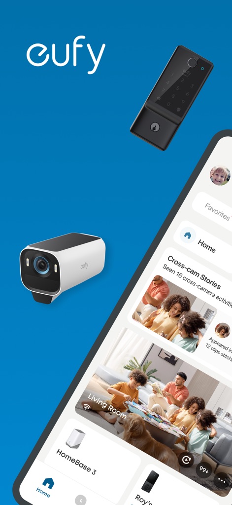 eufy - This initial view reveals the integrated smart home ecosystem with various devices like the HomeBase 3 and real-time video feeds from multiple security cameras.
