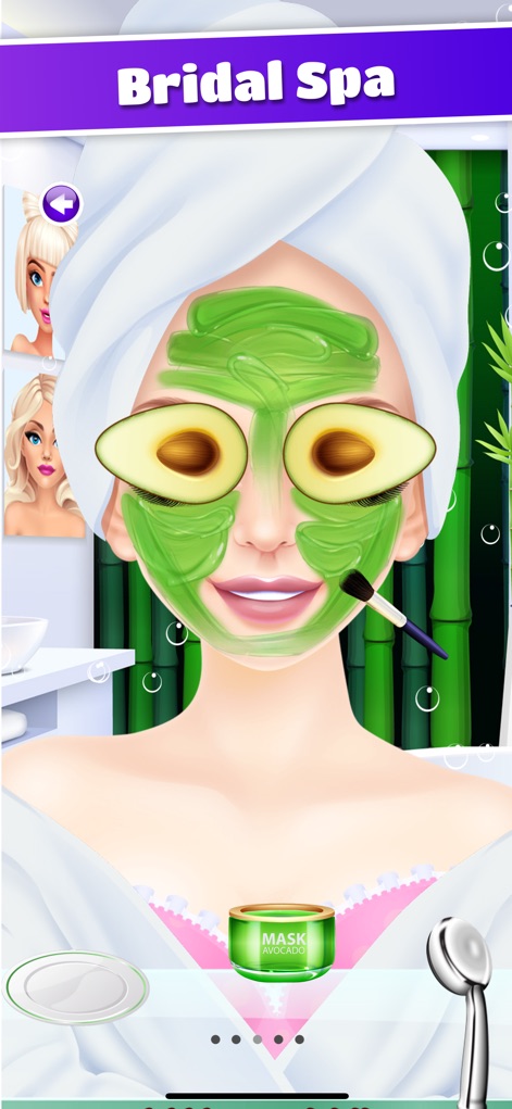 Wedding Makeover: Salon Games - Explore the relaxing spa phase where users apply a refreshing face mask and avocado slices for a pre-wedding skin treatment.
