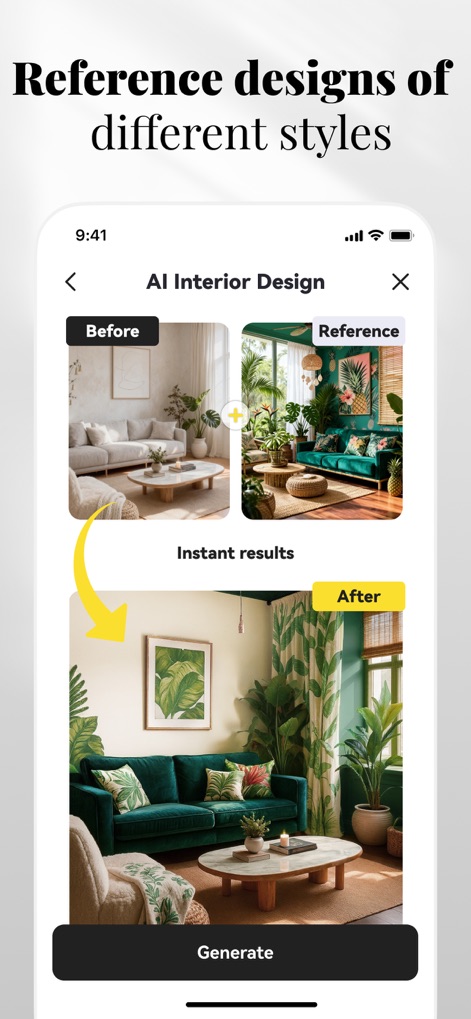 AI Home Design: Interior DecAI - Nutzer können mithilfe eines "Referenzbildes" ihren Raum neu gestalten, wobei das Endergebnis das "grüne Sofa" und die "pflanzlichen Elemente" des gewünschten Stils aufgreift.
