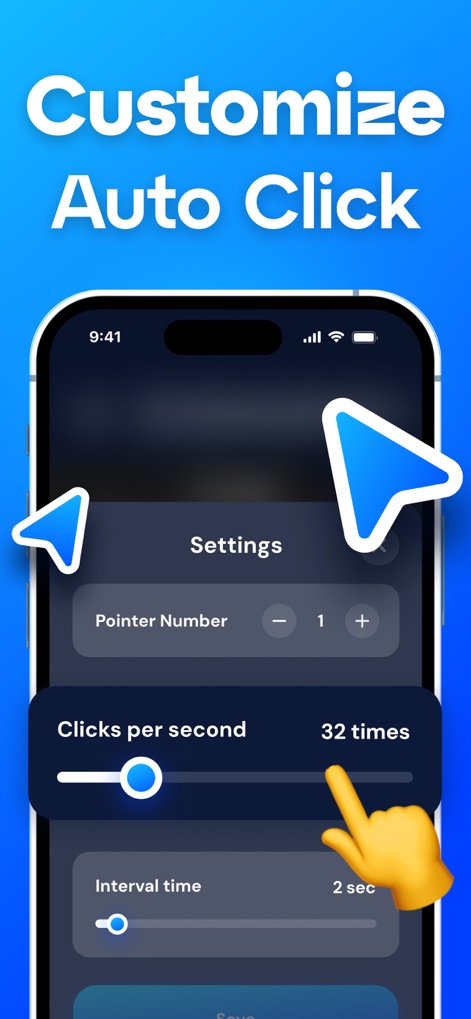 Auto Clicker - AutoTap App - Esta captura detalha as opções de personalização do aplicativo, onde os usuários podem ajustar a frequência de toques com o controle de "Cliques por segundo" e definir o "Tempo de intervalo" preciso entre as ações automatizadas.
