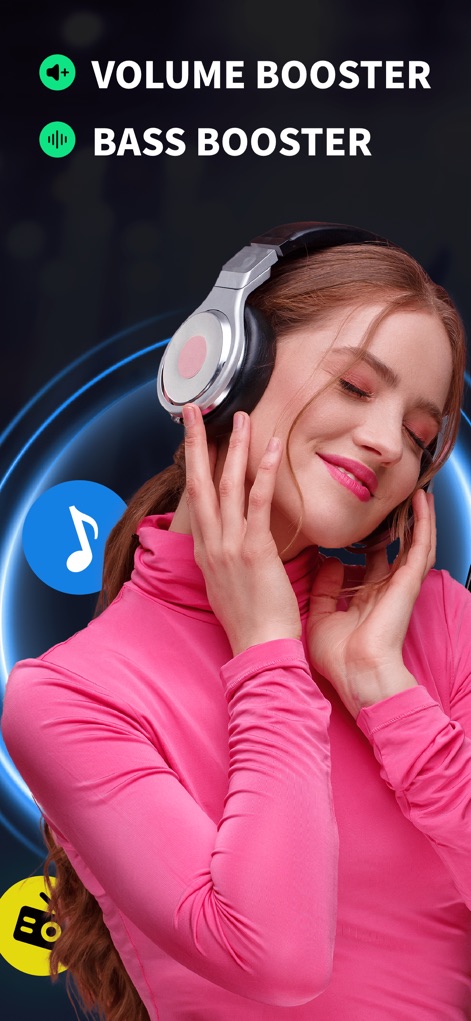 Bass Booster - Volume Booster - The app delivers an immersive auditory experience, showcasing dedicated 'VOLUME BOOSTER' and 'BASS BOOSTER' functionalities for enhanced sound.