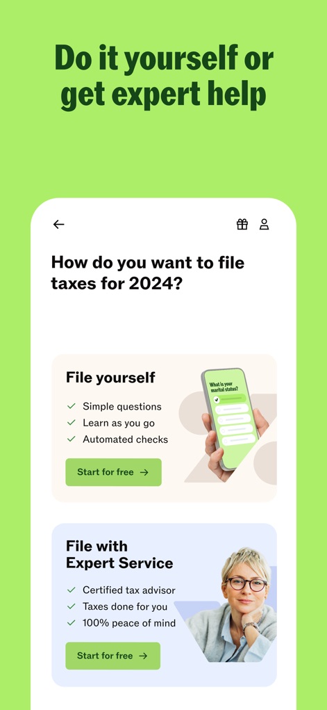 Taxfix: Tax return for Germany - Users can observe the clear choice between the "File yourself" guided process with simple questions and the comprehensive "File with Expert Service" for certified tax advisor assistance.