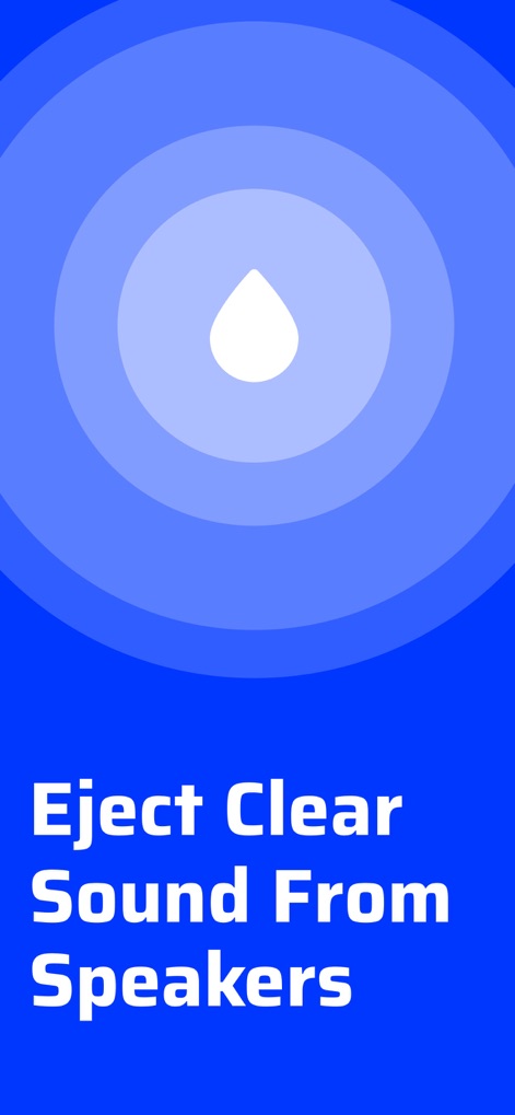 Clear Wave - Speaker Test - This initial screen presents a clean droplet icon within concentric circles, emphasizing the app's core function to 'Eject Clear Sound From Speakers' for optimal audio.