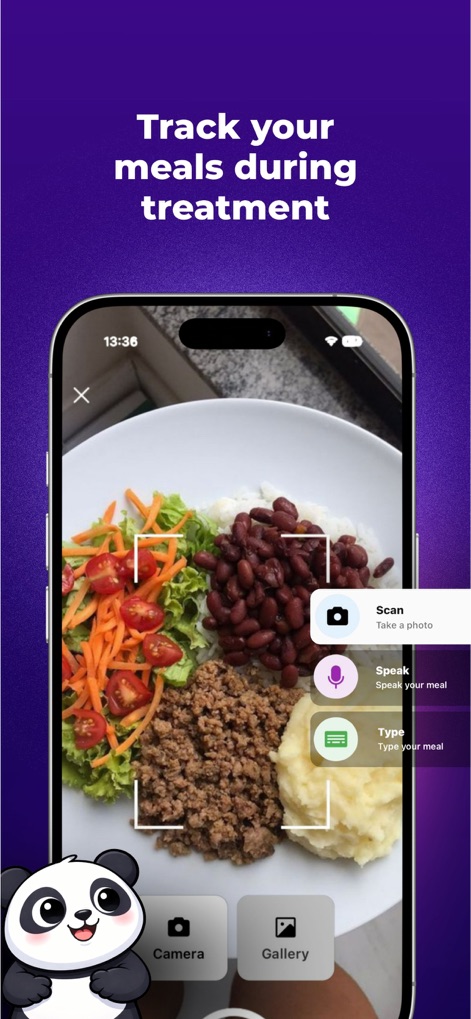 OzemPro: GLP1 Tracker - Esta funcionalidade permite aos usuários registrar suas refeições usando reconhecimento de foto ou digitação, facilitando o acompanhamento nutricional com uma imagem detalhada de um prato de comida.