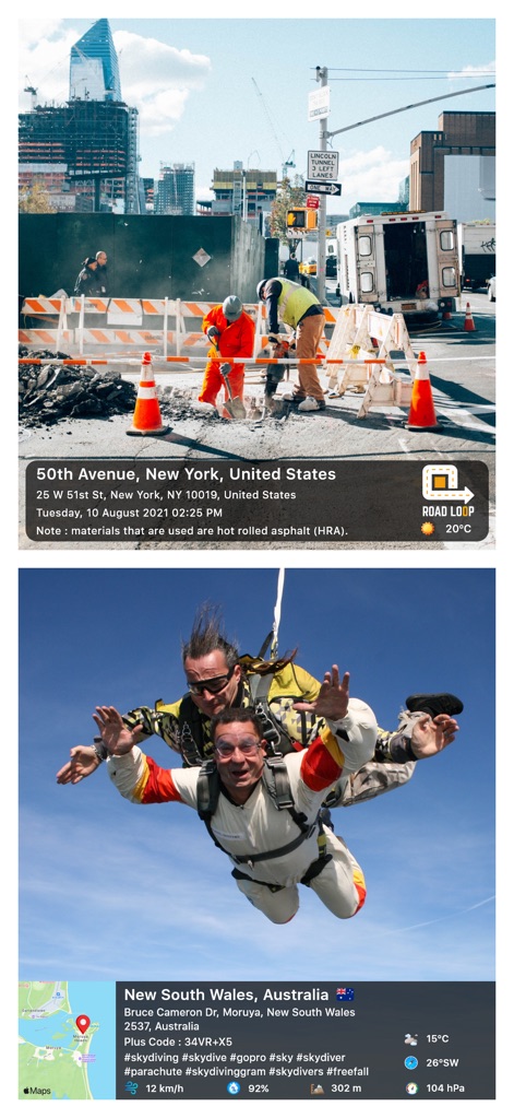 GPS Map Camera : Geo Photos - This tool provides robust site verification, featuring a construction site note and clear GPS coordinates with a 'Road Loop' indicator.