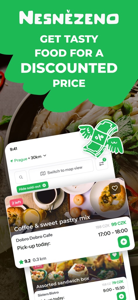 Nesnězeno: Save tasty food! - Die App präsentiert eine intuitive Übersicht über verfügbare Lebensmittelpakete in Ihrer Nähe, mit klaren Angaben zu reduzierten Preisen und der Möglichkeit, zwischen Listen- und Kartenansicht zu wechseln.