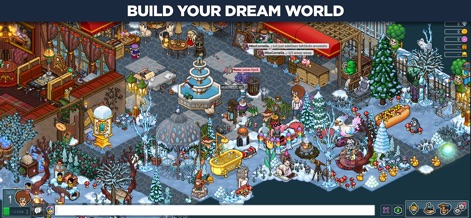 Habbo - Original Virtual World - Los usuarios pueden crear entornos elaborados y personalizados, como se aprecia en la compleja interacción de múltiples objetos decorativos invernales y una fuente central que sirve como punto focal.