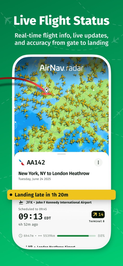AirNav Radar – Flight Tracker - This app offers immediate flight status notifications, clearly displaying updates like "Landing late" and essential details such as scheduled times and terminal gates.