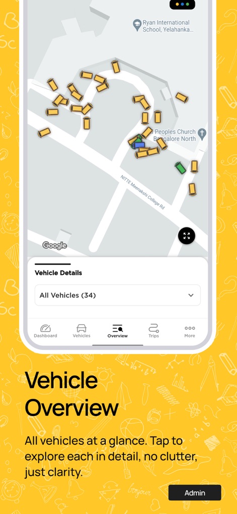 NeoTrack - School Bus Tracking - 管理者は地図上に表示された複数の車両アイコンから車両全体の位置を把握でき、「すべての車両」の総数も確認できます。