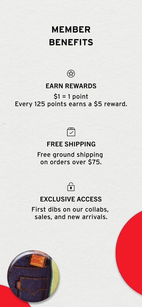 Levi's - Shop Denim & More - The app details impressive loyalty advantages, including a clear rewards program structure and free shipping benefits on eligible orders.
