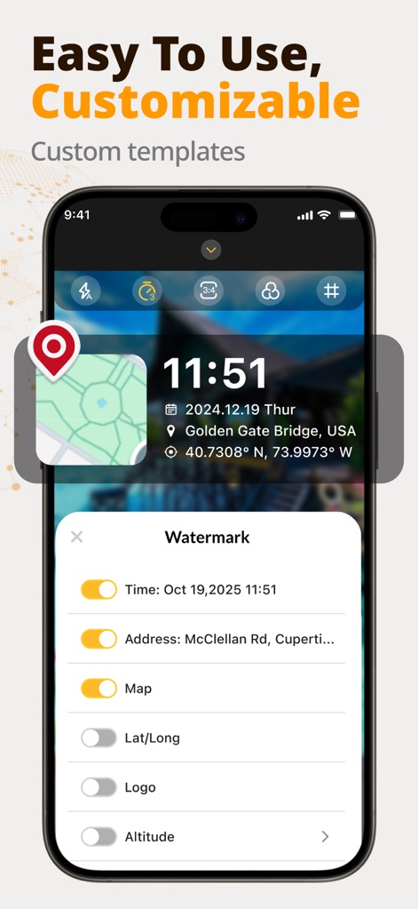 Timestamp Camera Time & GPS - Die Benutzeroberfläche illustriert die detaillierten Einstellmöglichkeiten für Wasserzeichen, bei denen Nutzer Zeitangaben, Adressen und Karteninformationen individuell ein- oder ausschalten können.