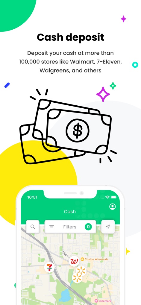 Seis: Mobile Finances - Nutzer können Bargeld bequem an zahlreichen Standorten einzahlen, was die animierten Geldscheine und die Kartenansicht mit Markierungen für '7-Eleven' visualisiert.