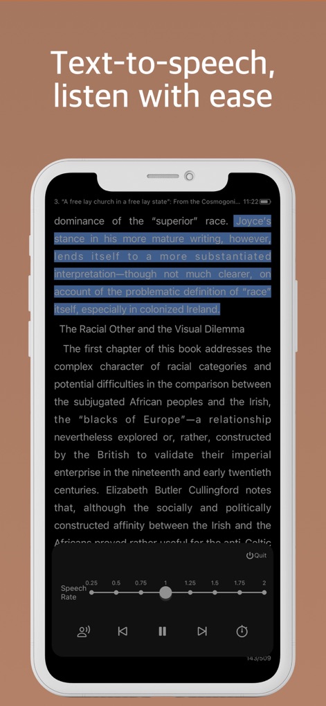Epub Reader -read epub,chm,txt - Los usuarios pueden disfrutar de la función de texto a voz con controles de reproducción intuitivos y ajustar la velocidad de lectura mediante un deslizador preciso.