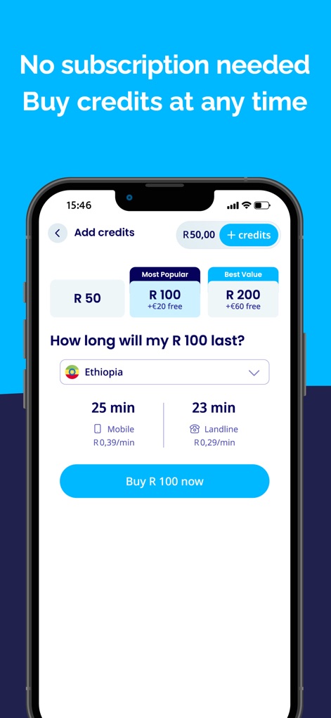 International Calling－Talk360 - The 'Add credits' screen presents flexible credit packages, allowing users to choose an amount and instantly see 'How long will my R 100 last?' for specific destinations like Ethiopia.