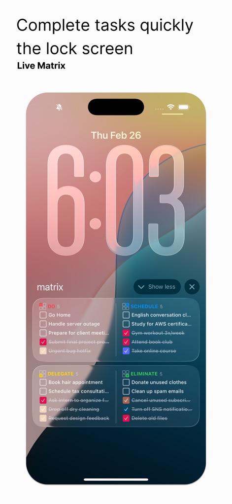 Eisenhower Matrix: Todo & Task - ロック画面ウィジェットとしてアイゼンハワーマトリックスを表示し、外出先や作業中に素早くタスクを管理できます。ウィジェット内で直接タスクを完了できるため、より効率的な作業フローが実現します。